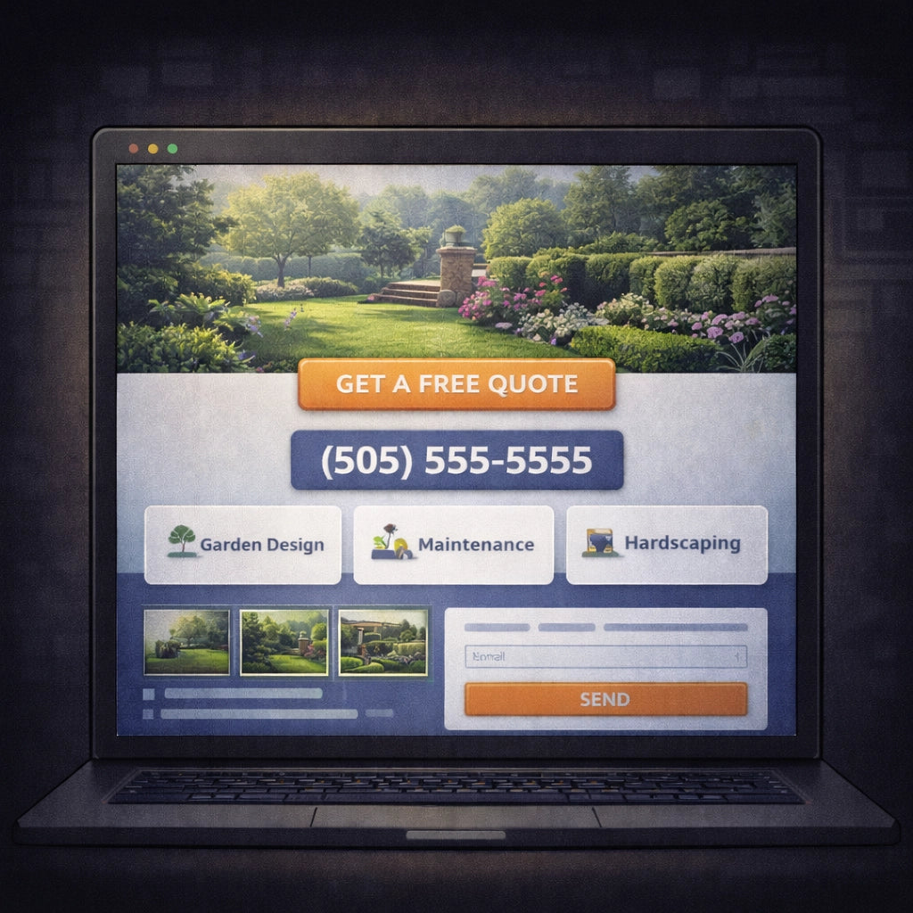 Example landscaping company website with large garden hero image, bold free quote button, and visible phone number in conversion-focused layout