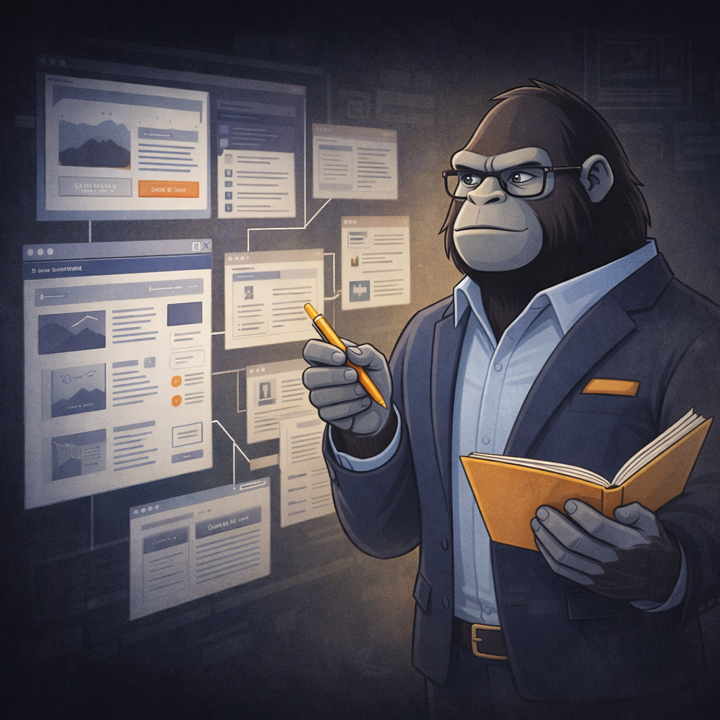 Gorilla strategist reviewing business website layout and growth plan on screen representing Business Growth Website package