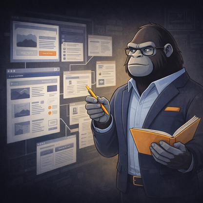 Gorilla strategist reviewing business website layout and growth plan on screen representing Business Growth Website package