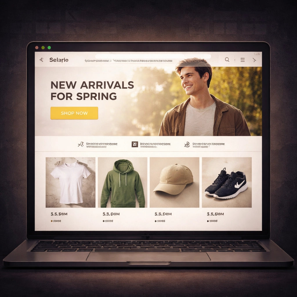 Modern clothing brand Shopify store example with large hero banner, product grid, and conversion-focused layout
