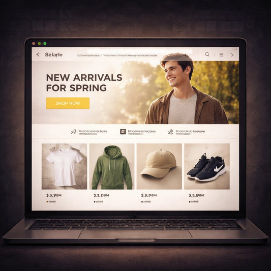 Modern clothing brand Shopify store example with large hero banner, product grid, and conversion-focused layout