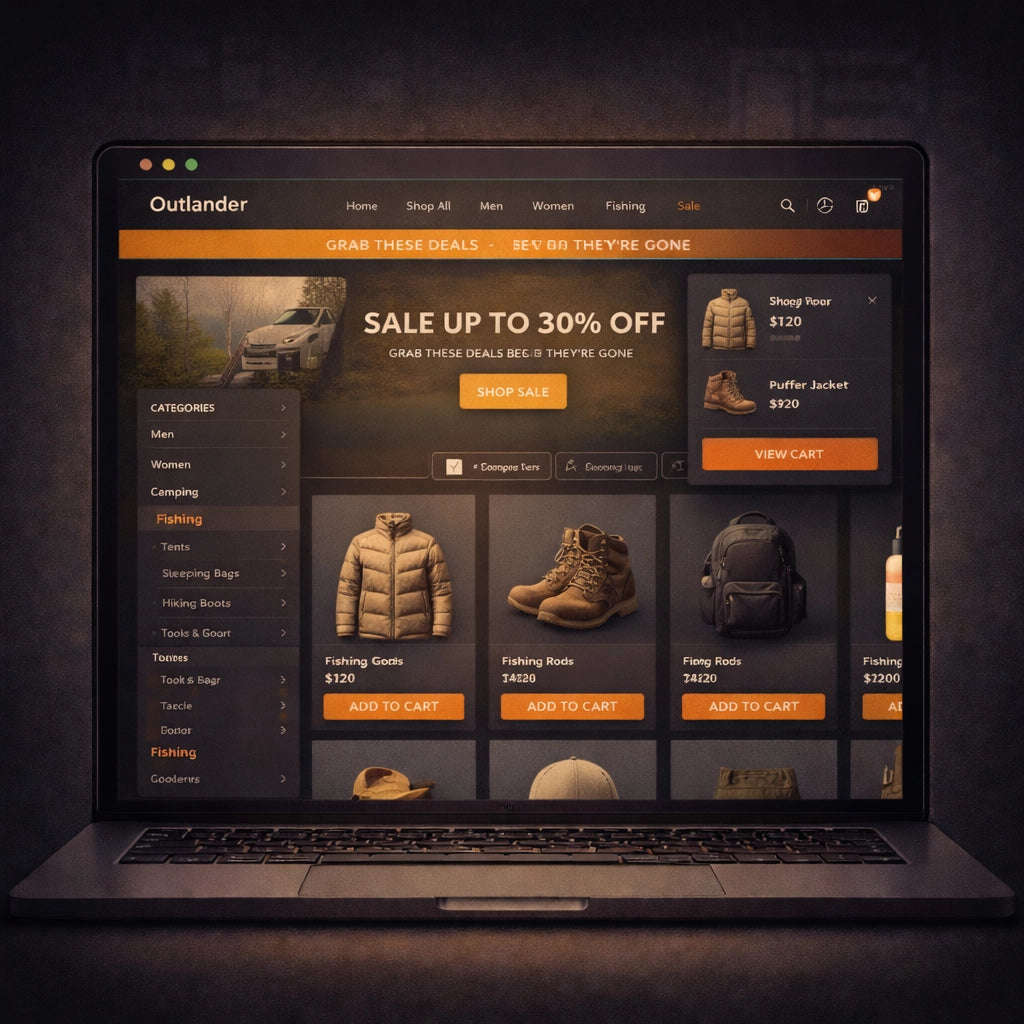 Outdoor gear and camping Shopify store example featuring adventure products, bold hero banner, and conversion-focused e-commerce layout
