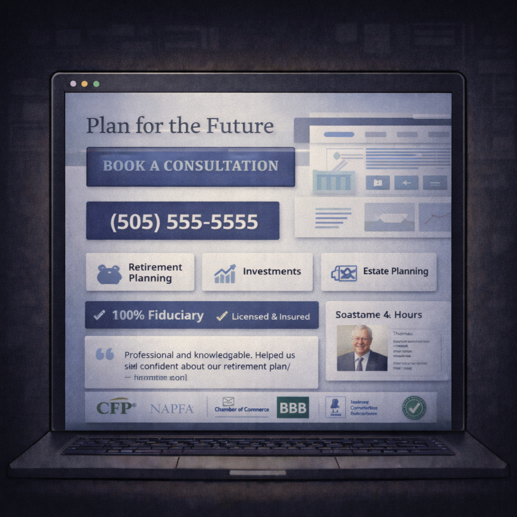 Financial advisor website design example with book consultation button and visible contact number