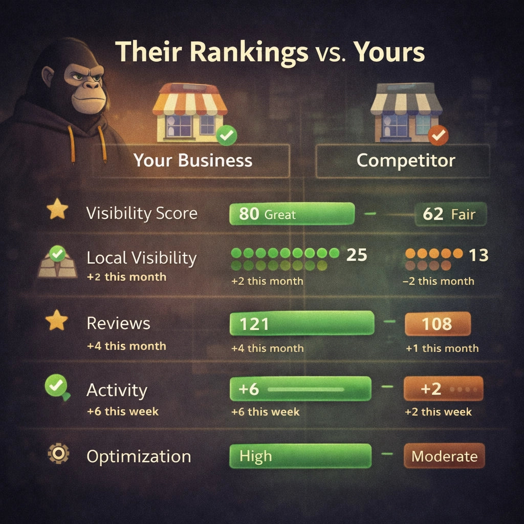 Local SEO competitor comparison showing visibility score, reviews, and activity differences