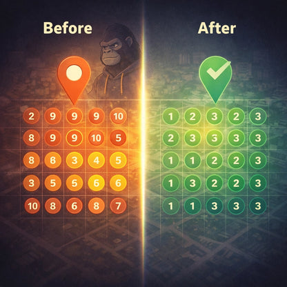Local SEO heatmap comparison showing before and after visibility growth in map rankings