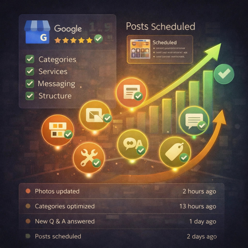 Local SEO profile activity dashboard showing automated posts, updates, and engagement metrics