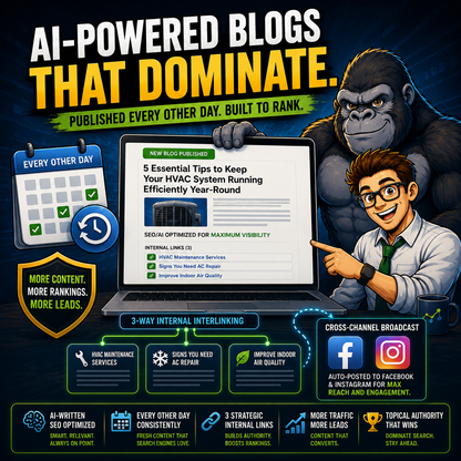 AI-powered SEO blog content engine with automated every-other-day blog publishing, 3-way internal interlinking, and Facebook and Instagram syndication for local business growth