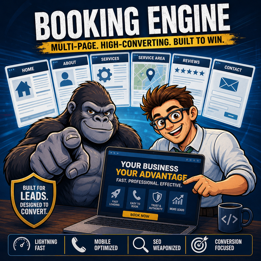 Market Dominator Booking Engine multi-page SEO website system with Smash Face Media gorilla and nerd mascots