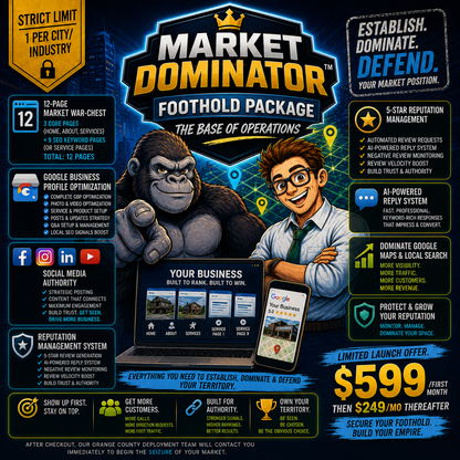 Market Dominator Foothold Package featuring a 12-page SEO website, Google Business Profile optimization, social media authority building, and AI-powered reputation management for local business growth