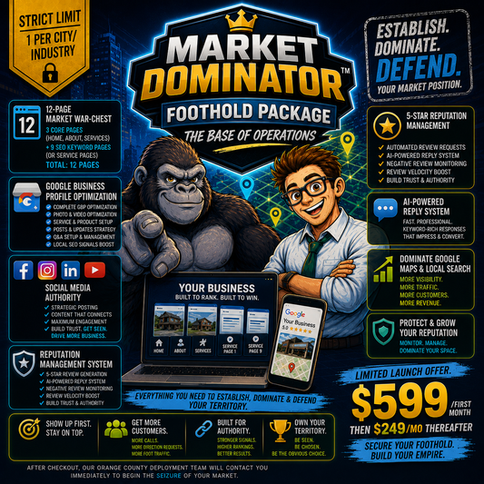 Market Dominator Foothold Package featuring a 12-page SEO website, Google Business Profile optimization, social media authority building, and AI-powered reputation management for local business growth