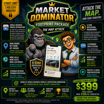 Market Dominator Footprint Package featuring Google Business Profile optimization, AI-powered reputation management, 5-star review generation, and Google Maps visibility for local business growth