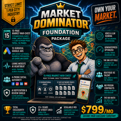 Market Dominator Foundation Package by Smash Face Media featuring gorilla and nerd mascots promoting AI-driven local SEO and Google Maps domination.