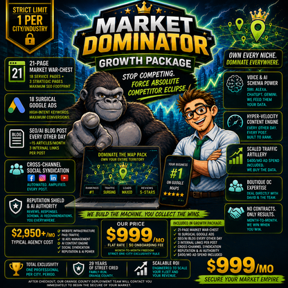Market Dominator Growth Package by Smash Face Media featuring gorilla and nerd mascots promoting AI-powered local SEO, Google Maps dominance, and aggressive digital marketing growth.