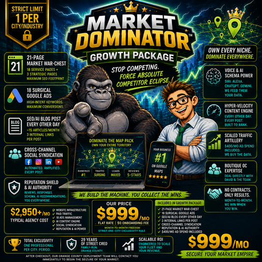 Market Dominator Growth Package by Smash Face Media featuring gorilla and nerd mascots promoting AI-powered local SEO, Google Maps dominance, and aggressive digital marketing growth.