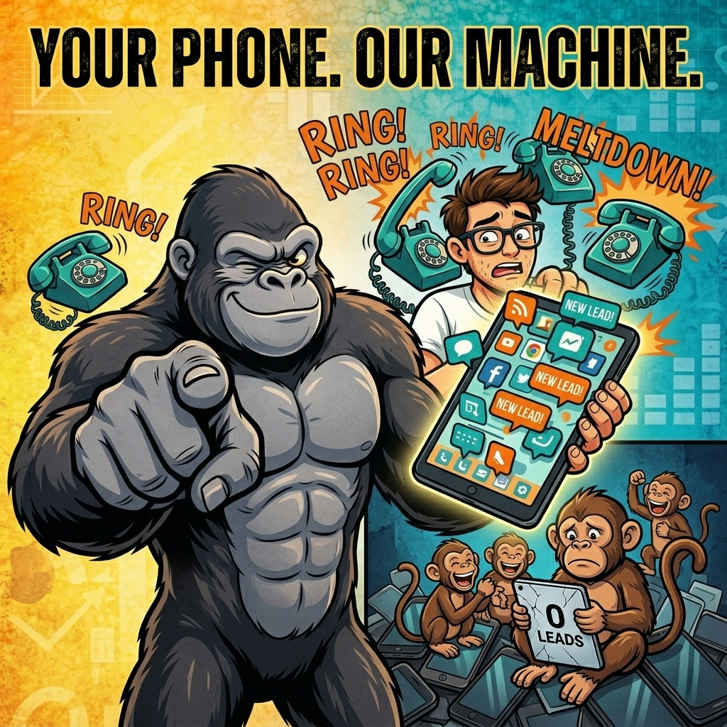 The Market Dominator gorilla pointing at the viewer while a business owner handles a meltdown of new sales calls and digital leads.