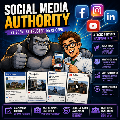 Social media authority marketing system with managed Facebook Instagram LinkedIn and YouTube content