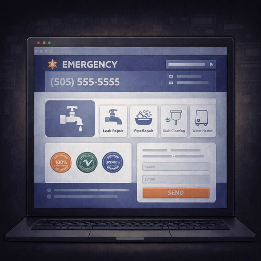 Example plumbing company website featuring bold hero section, emergency call button, and prominent phone number in clean modern layout