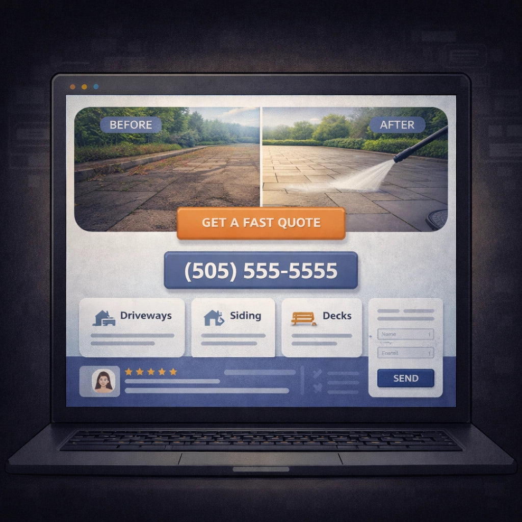 Example pressure washing company website with full-width hero, rounded design elements, strong call to action, and clear contact number