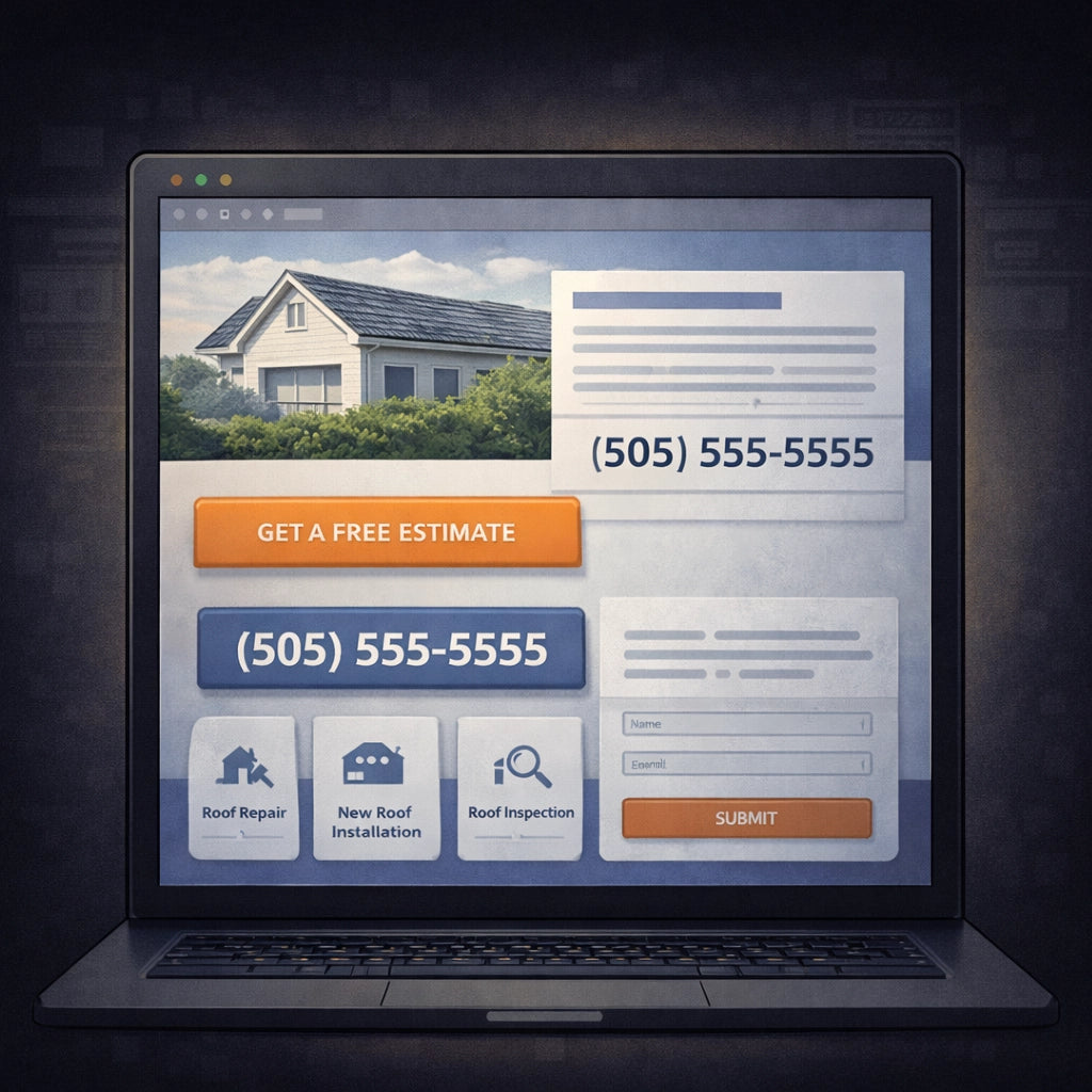 Example roofing company website with large hero image, bold call to action, and visible phone number in modern conversion-focused layout