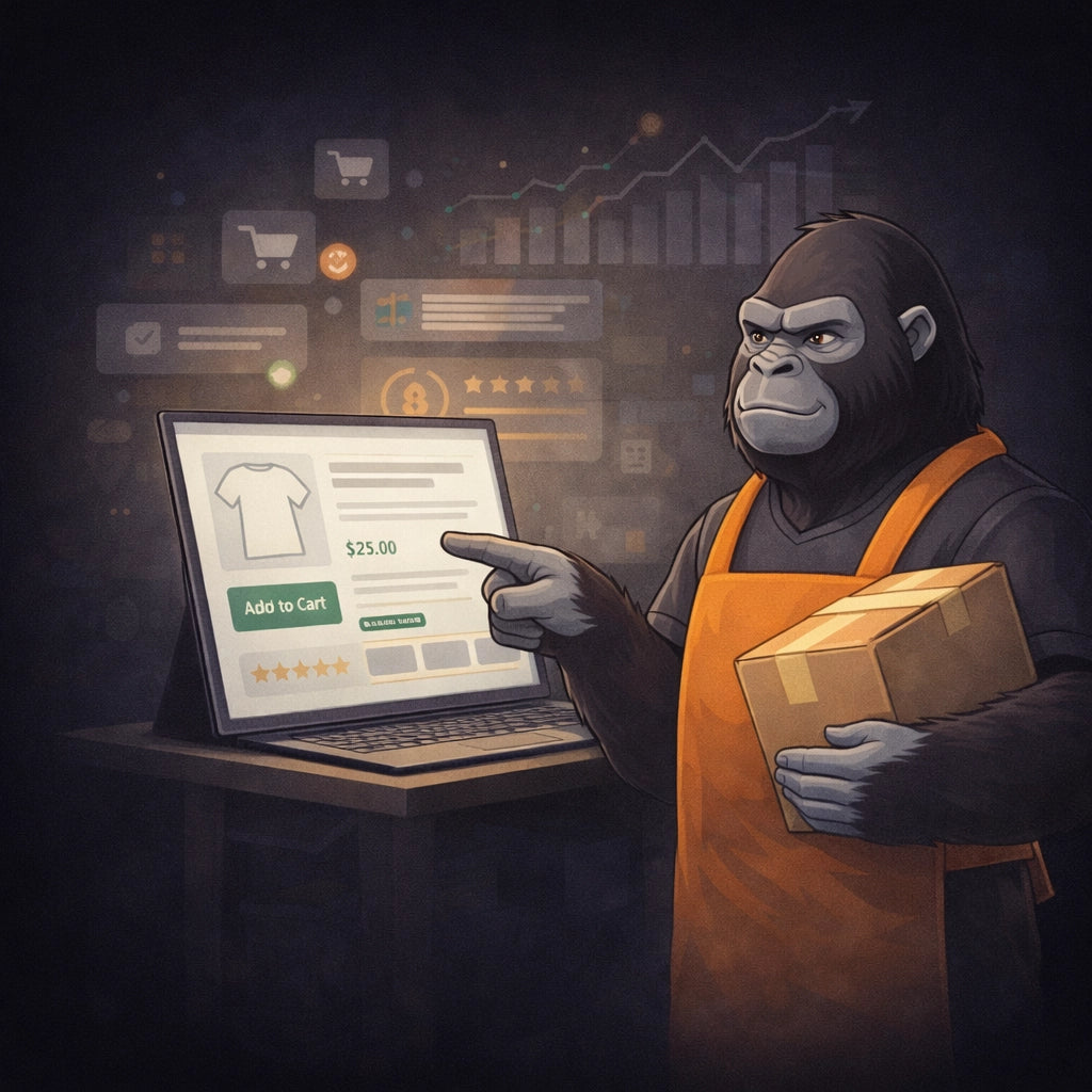 Gorilla operating a custom Shopify store dashboard representing the Shopify Growth Store revenue-focused e-commerce system