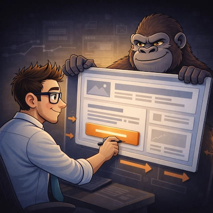 Gorilla fist breaking through website layout elements revealing optimized design focused on conversion rate optimization