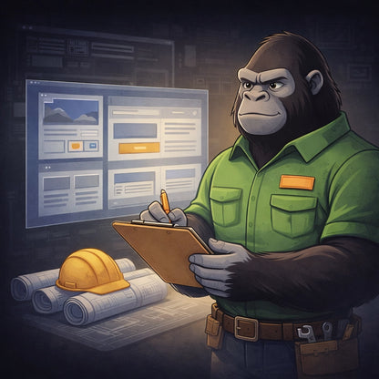 Gorilla mascot building an essential small business website with clipboard and construction plans in dark professional setting