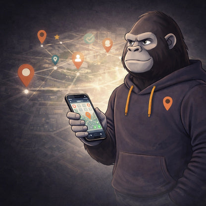 Gorilla managing Google Business Profile and local SEO system with smartphone and neighborhood map background
